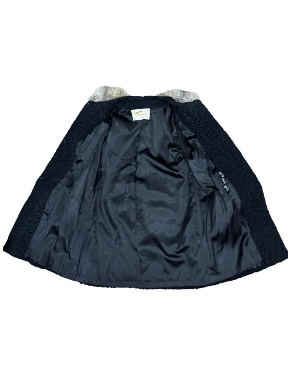 VTG Black Persian Curly Lamb Coat, Curly Fur Collar + Cuffs Mid-Length By Pogues